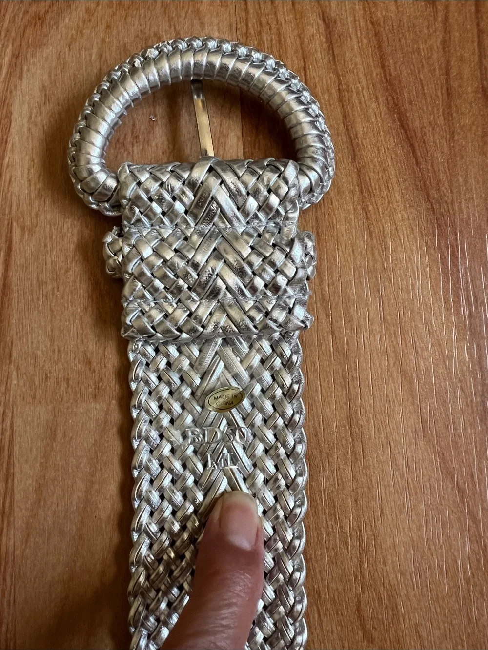 VGUC Woven Metallic Silver Belt with Covered Round Buckle 42” length